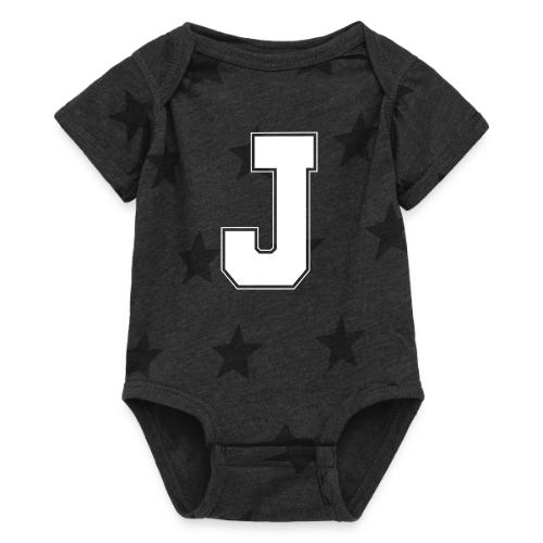 White Letter J – Varsity Alphabet Monogram - Baby 5 Star Print One Piece