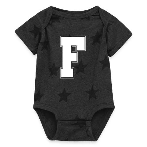 White Letter F – Varsity Alphabet Monogram - Baby 5 Star Print One Piece