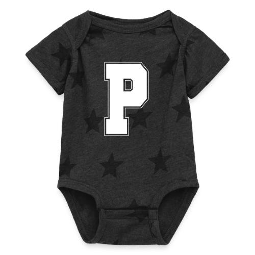 White Letter P – Varsity Alphabet Monogram - Baby 5 Star Print One Piece