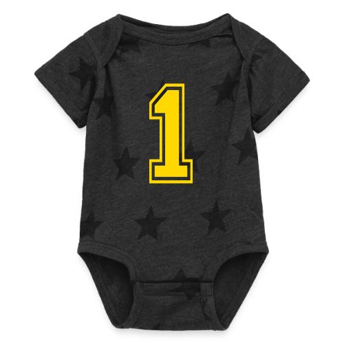 Number 1 in a classic athletic collegiate font - Baby 5 Star Print One Piece