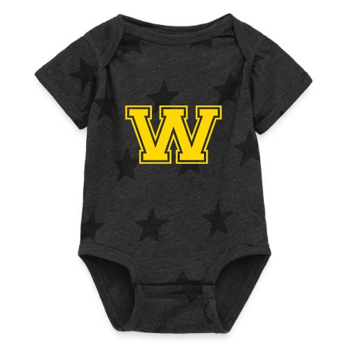 Letter W – Capital Athletic Alphabet Monogram - Baby 5 Star Print One Piece