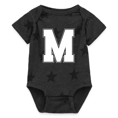 White Letter M – Varsity Alphabet Monogram - Baby 5 Star Print One Piece