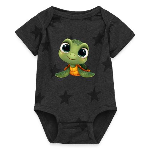 Cheerful Green Cartoon Sea Turtle with Big Eyes - Baby 5 Star Print One Piece