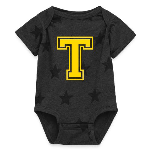 Letter T – Capital Athletic Alphabet Monogram - Baby 5 Star Print One Piece