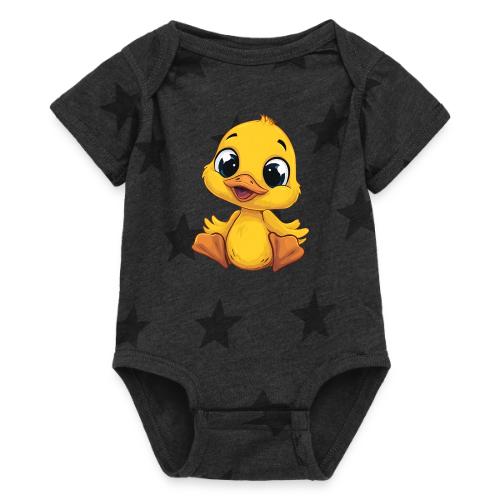 Sweet Yellow Cartoon Duck Sitting Happily - Baby 5 Star Print One Piece