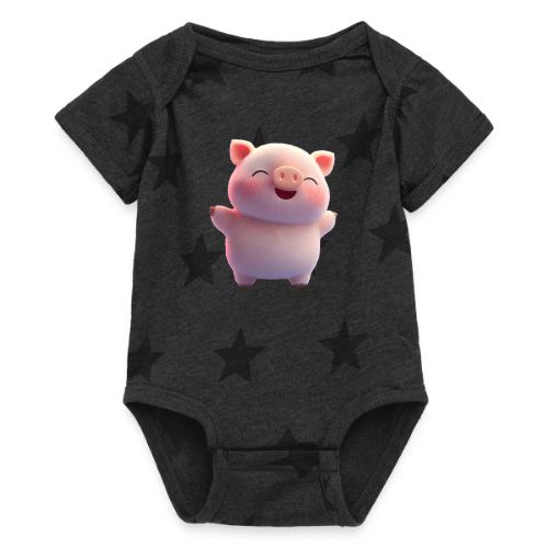 Cute Cartoon Baby Pig Standing Arms Up - Baby 5 Star Print One Piece