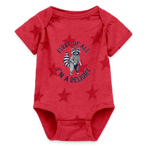 Funny Raccoon Tee – First Of All I'm A Delight - Baby 5 Star Print One Piece