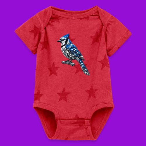 Silver Blue Jay on Perch + Flight Stages 2-print - Baby 5 Star Print One Piece