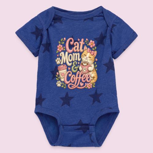 Cat Mom & Coffee Faux Stitched Cat Lover Design - Baby 5 Star Print One Piece