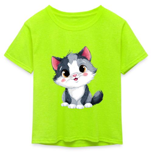 Sweet Sitting Kitten Cartoon Smiling - Kid's 50/50 Neon T-Shirt