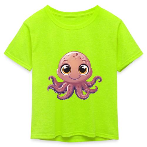 Cute Cartoon Baby Octopus with Big Eyes - Kid's 50/50 Neon T-Shirt