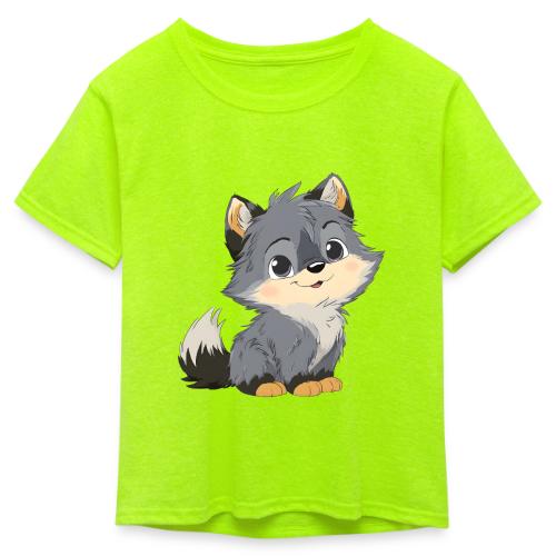 Cute Cartoon Baby Wolf with Innocent Eyes - Kid's 50/50 Neon T-Shirt