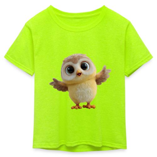 Cute Cartoon Baby Owl with Wings Open - Kid's 50/50 Neon T-Shirt