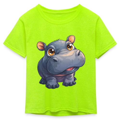 Cute Cartoon Baby Hippo with Big Innocent Eyes - Kid's 50/50 Neon T-Shirt