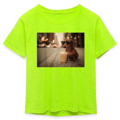Funny Dachshund Iced Coffee Lover Tee - Kid's 50/50 Neon T-Shirt