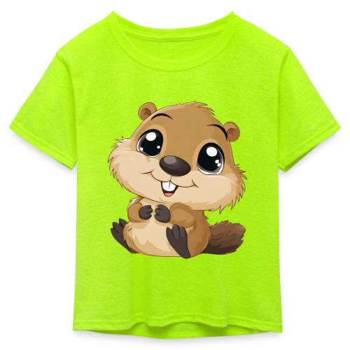 Adorable Cartoon Baby Beaver with Big Eyes - Kid's 50/50 Neon T-Shirt