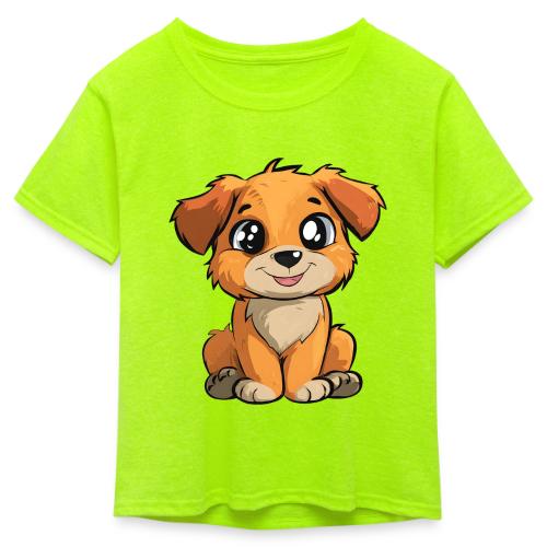 Cute Sitting Puppy Cartoon with Big Eyes - Kid's 50/50 Neon T-Shirt
