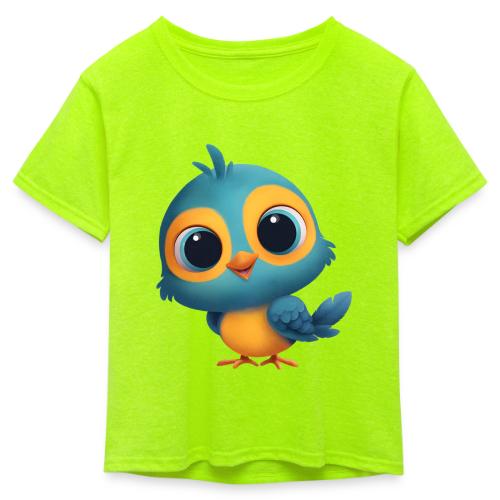 Joyful Cartoon Bird Standing in Yellow and Blue - Kid's 50/50 Neon T-Shirt