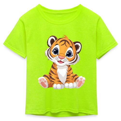 Adorable Cartoon Tiger Cub with Innocent Eyes - Kid's 50/50 Neon T-Shirt