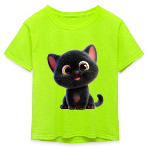 Adorable 3D Black Kitten with Big Eyes - Kid's 50/50 Neon T-Shirt