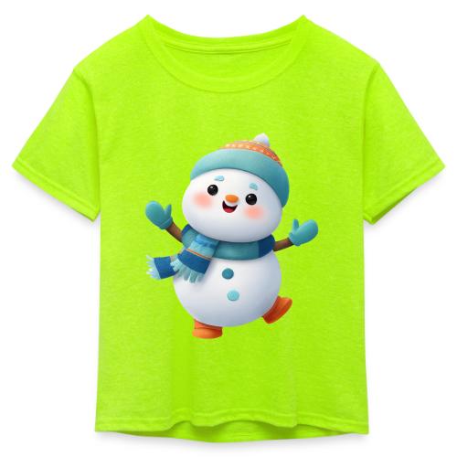 Joyful Cartoon Snowman Arms Up - Kid's 50/50 Neon T-Shirt