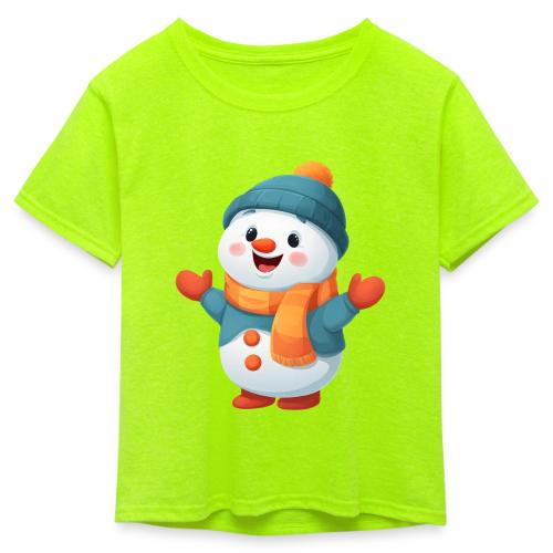 Joyful Cartoon Snowman with Winter Outfit - Kid's 50/50 Neon T-Shirt
