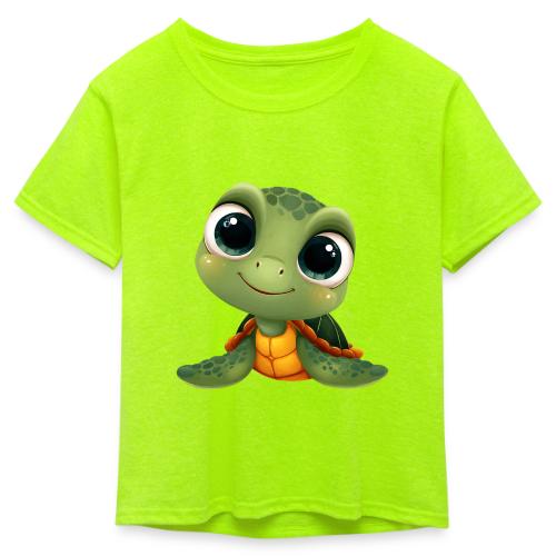 Cheerful Green Cartoon Sea Turtle with Big Eyes - Kid's 50/50 Neon T-Shirt