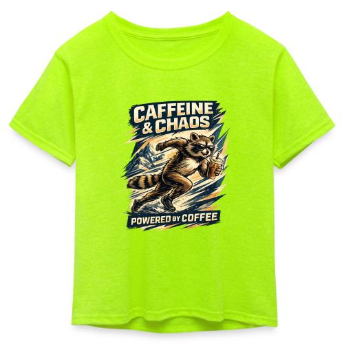 Funny Caffeine Chaos Raccoon Coffee Lover Morning - Kid's 50/50 Neon T-Shirt