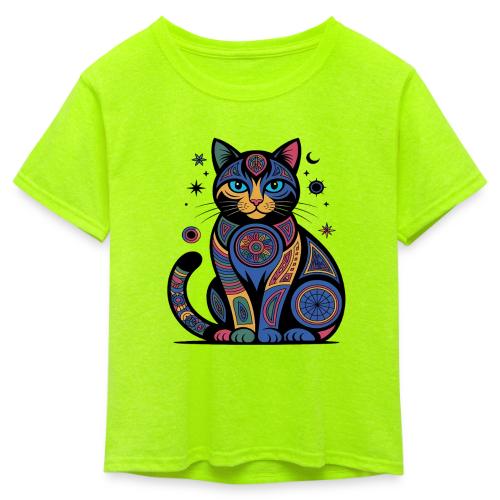 Vibrant Geometric Cat Mandala - Kid's 50/50 Neon T-Shirt