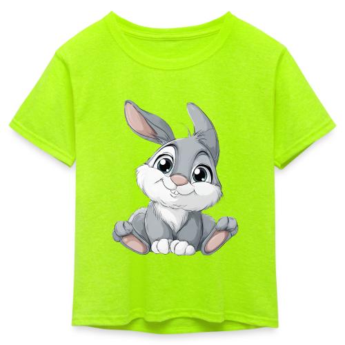 Joyful Grey and White Baby Rabbit Cartoon - Kid's 50/50 Neon T-Shirt