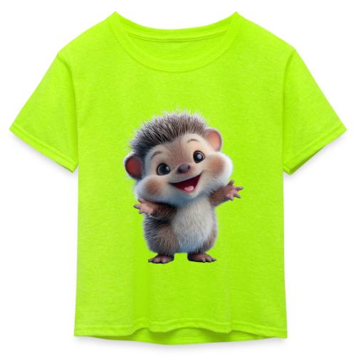Playful Cartoon Hedgehog with Joyful Pose - Kid's 50/50 Neon T-Shirt