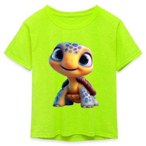 Joyful 3D Baby Turtle with Big Eyes - Kid's 50/50 Neon T-Shirt