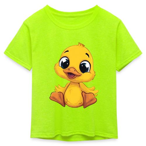 Sweet Yellow Cartoon Duck Sitting Happily - Kid's 50/50 Neon T-Shirt