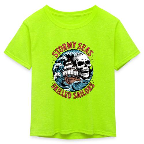 Stormy Seas Skull Pirate Ship Nautical Ocean Waves - Kid's 50/50 Neon T-Shirt