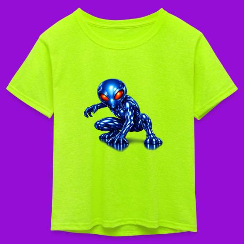 Blue Alien Crouch - Kid's 50/50 Neon T-Shirt