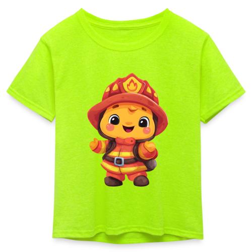 Cute Cartoon Firefighter in Red and Yellow Suit - Kid's 50/50 Neon T-Shirt