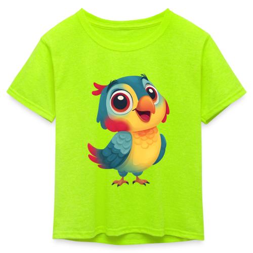 Bright Cartoon Parrot with Joyful Expression - Kid's 50/50 Neon T-Shirt