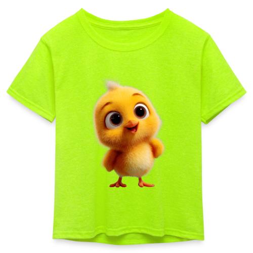 Cute Cartoon Yellow Chick with Big Sparkling Eyes - Kid's 50/50 Neon T-Shirt