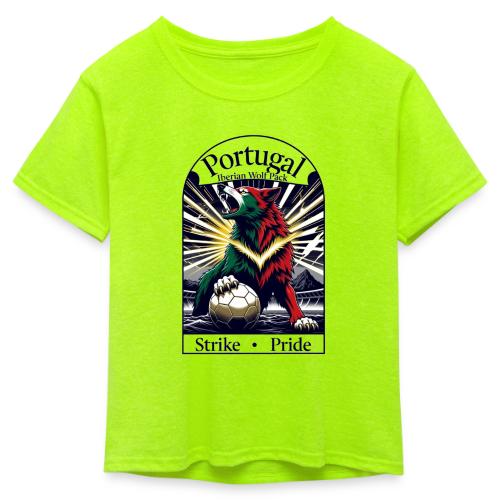 Portugal Iberian Wolf Soccer T Shirt, Pride Gift - Kid's 50/50 Neon T-Shirt