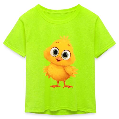 Sweet Yellow Cartoon Chick with Joyful Smile - Kid's 50/50 Neon T-Shirt