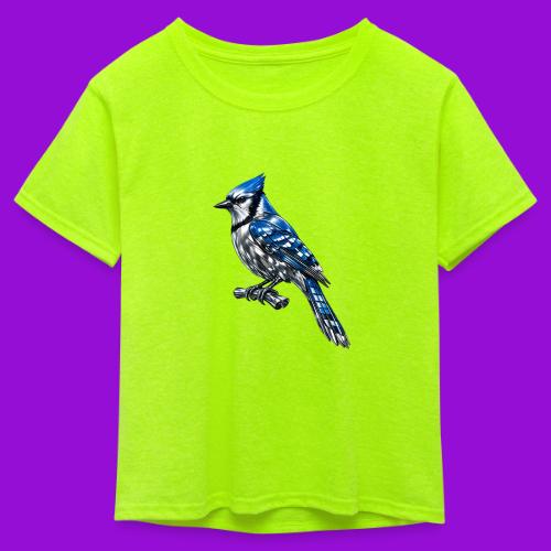 Silver Blue Jay on Perch - Kid's 50/50 Neon T-Shirt