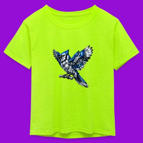 Silver Blue Jay Open Wing Perch - Kid's 50/50 Neon T-Shirt