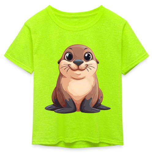 Smiling Cartoon Brown Sea Lion - Kid's 50/50 Neon T-Shirt