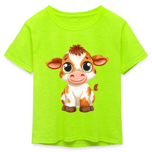 Cute Cartoon Baby Calf with Bright Innocent Eyes - Kid's 50/50 Neon T-Shirt