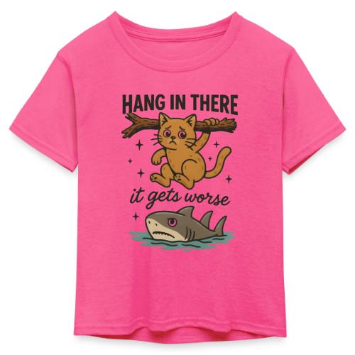 Funny Hang in There, It Gets Worse Cat and Shark - Kid's 50/50 Neon T-Shirt