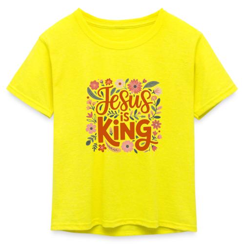 Jesus Is King – Floral Christian Typography Design - Kid's 50/50 Neon T-Shirt