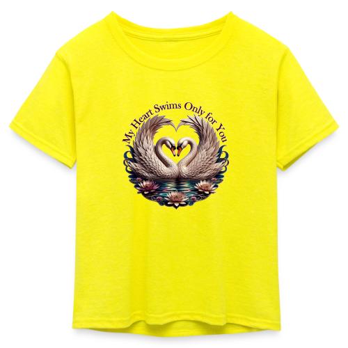 My Heart Swims Only for You Swan Heart T-Shirt - Kid's 50/50 Neon T-Shirt