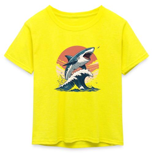 Fierce Shark Breaking Through Waves - Kid's 50/50 Neon T-Shirt