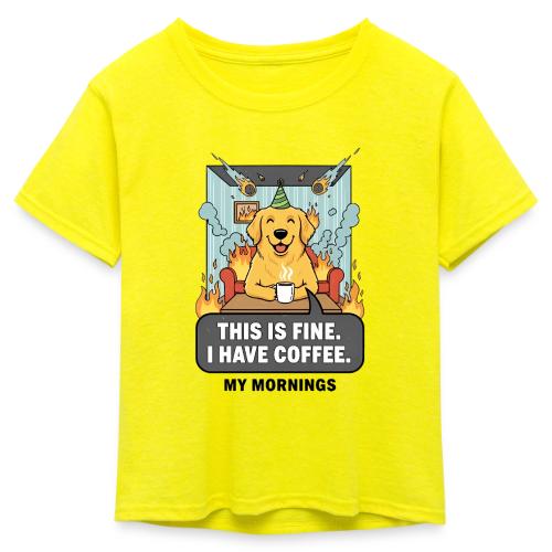 🔥 Funny Dog Meme “This Is Fine, I Have Coffee” - Kid's 50/50 Neon T-Shirt