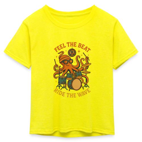 Feel the Beat Octopus Drummer Retro 70s t-shirt - Kid's 50/50 Neon T-Shirt